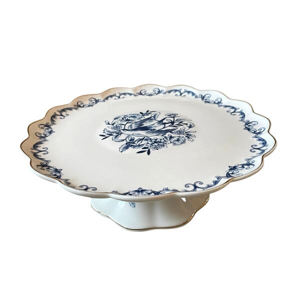 Eaton Fine Dining Blue Floral Bird Porcelain Pedestal Cake Plate 10.5in New - Picture 4 of 16